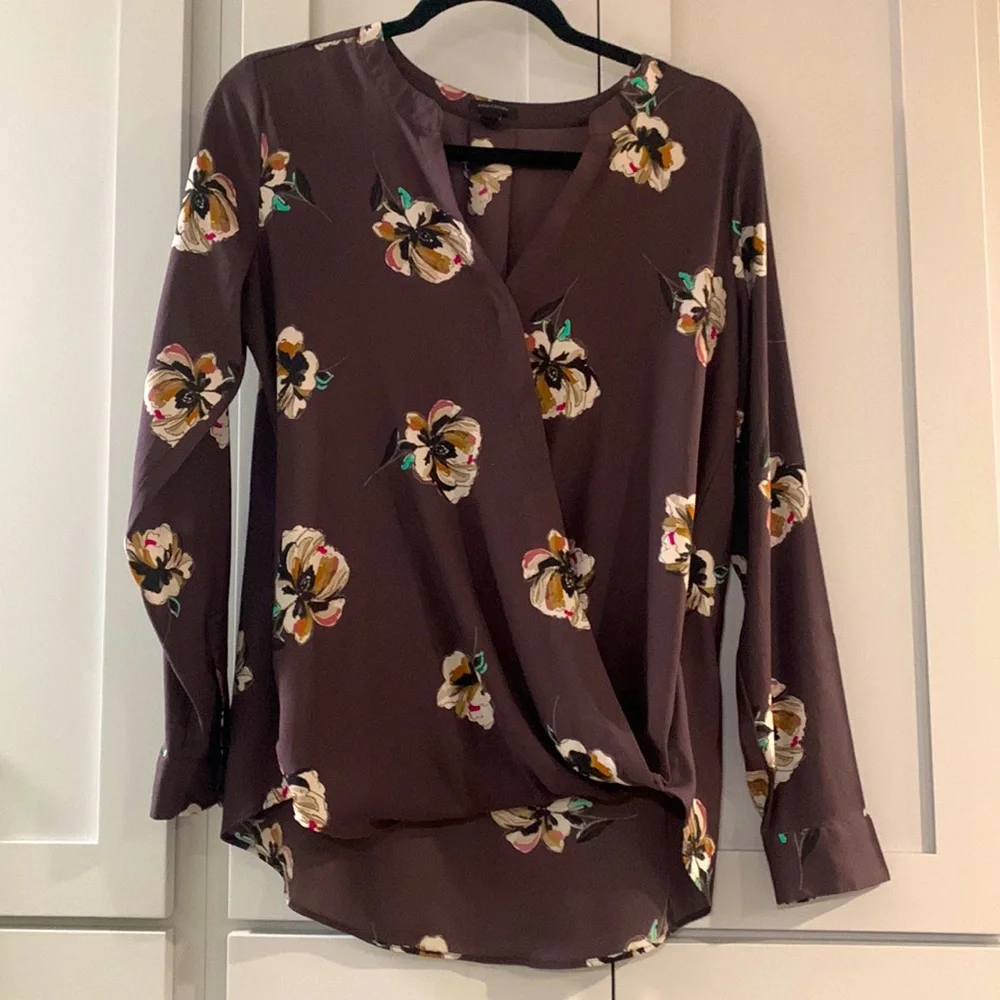 Ann Taylor Plum Faux Wrap Long Sleeve Floral Blouse